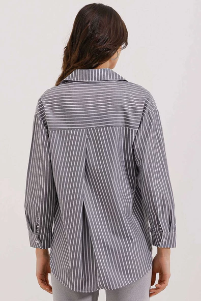 Kadın Tek Cep  Çizgili Oversize Gömlek Gri - 5