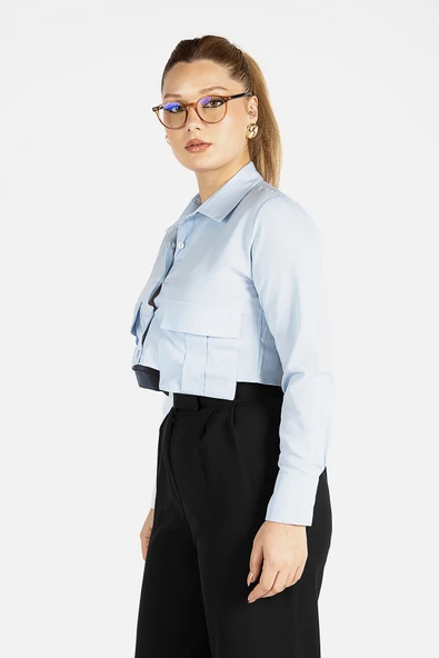 Kadın Crop Gömlek Mavi - 5