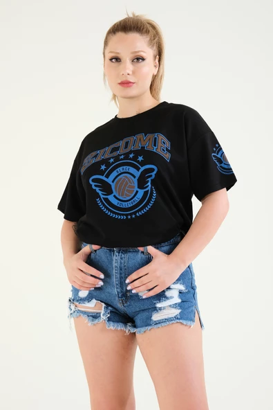 Kadın Baskılı Oversize T-Shirt Siyah - 4