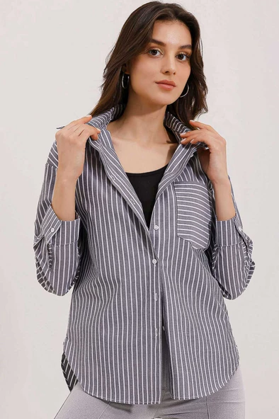 Kadın Tek Cep  Çizgili Oversize Gömlek Gri - 3