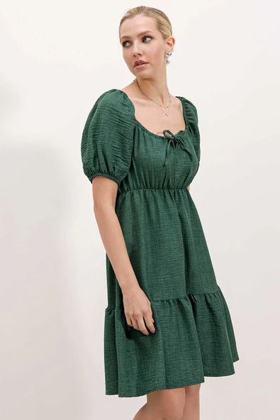 Kadın Balon Kol Kare Yaka Elbise Zümrüt - 2