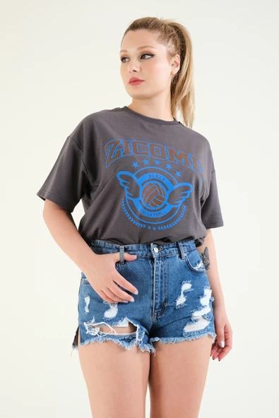 Kadın Baskılı Oversize T-Shirt Antrasit
