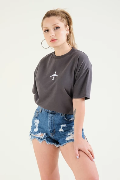Kadın Nakışlı Oversize T-shirt Antrasit