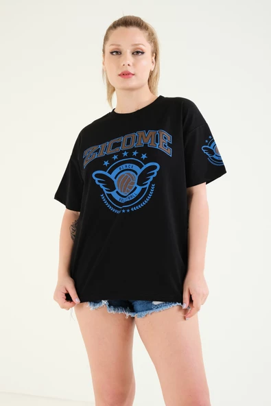 Kadın Baskılı Oversize T-Shirt Siyah - 5