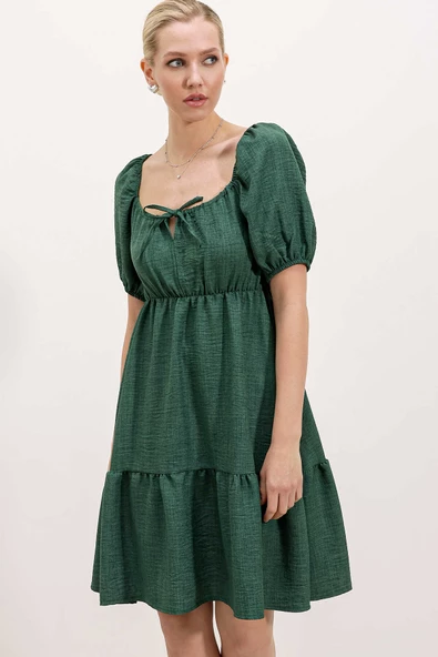 Kadın Balon Kol Kare Yaka Elbise Zümrüt