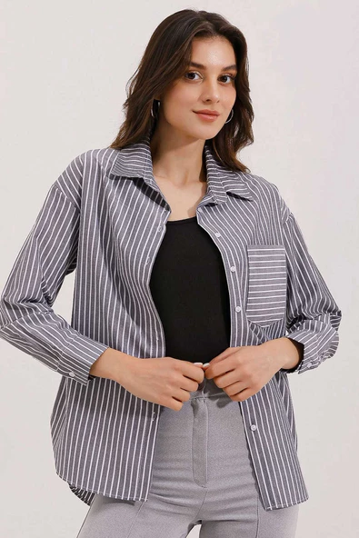 Kadın Tek Cep  Çizgili Oversize Gömlek Gri - 2
