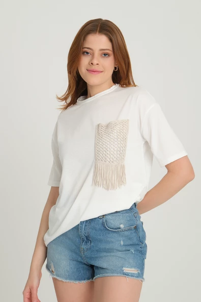 Kadın Triko Cep Kısa Kol T-Shirt Ekru