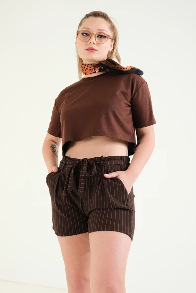 Kadın Crop T-Shirt Kahverengi - 5