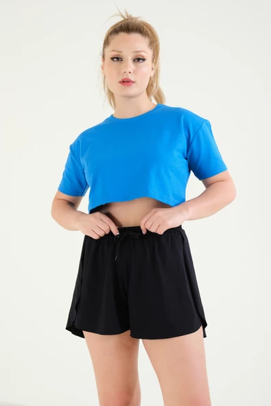 Kadın Crop T-Shirt Saks Mavi - 4