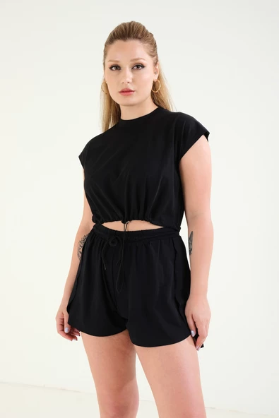 Kadın Bel Lastikli Crop T-Shirt Siyah