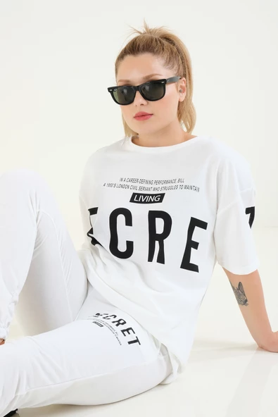 Kadın Baskılı Oversize İkili Takım Ekru - 5