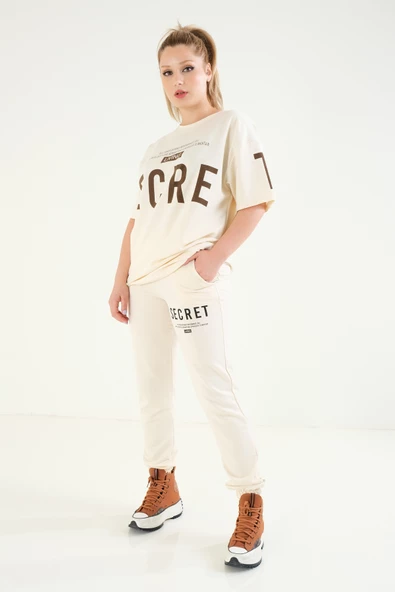 Kadın Baskılı Oversize İkili Takım Bej - 2