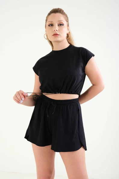 Kadın Bel Lastikli Crop T-Shirt Siyah - 3