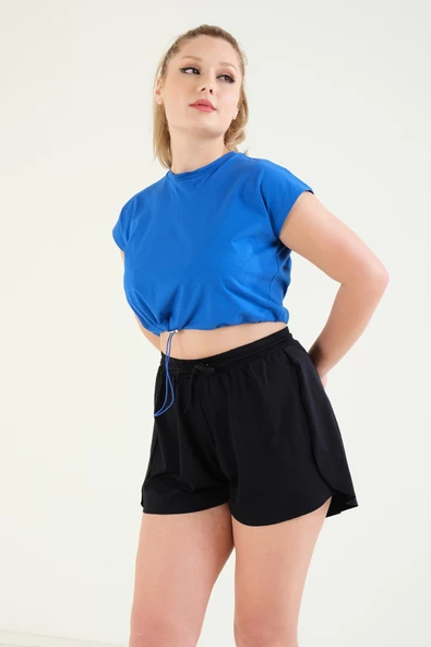 Kadın Bel Lastikli Crop T-Shirt Saks Mavi - 2