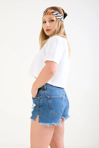 Kadın Crop T-Shirt Ekru - 6