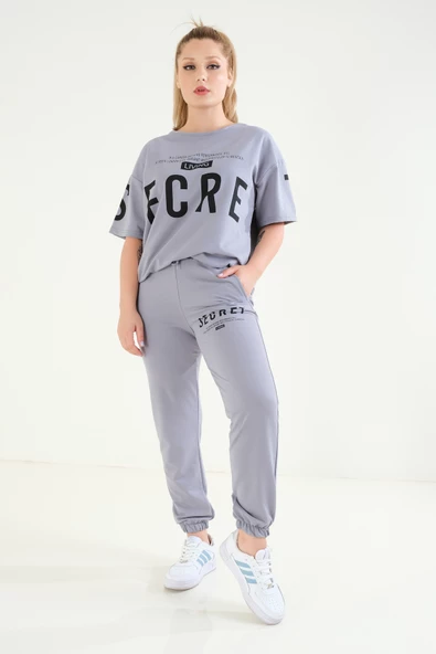 Kadın Baskılı Oversize İkili Takım Gri - 3