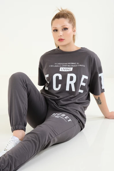 Kadın Baskılı Oversize İkili Takım Antrasit - 5