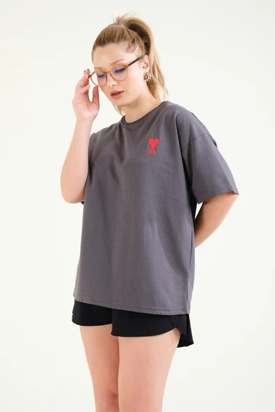 Kadın Nakışlı Oversize T-Shirt Antrasit