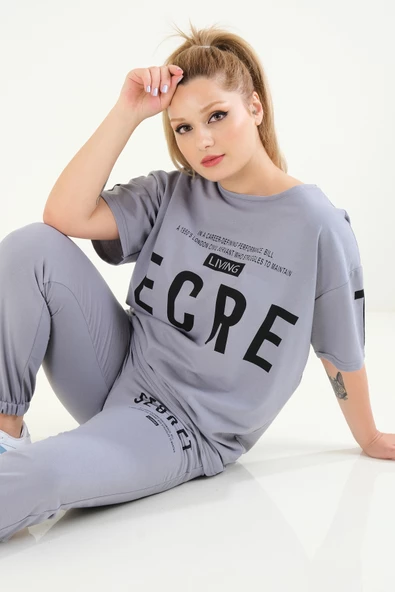 Kadın Baskılı Oversize İkili Takım Gri - 6