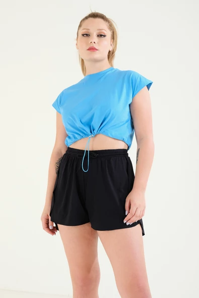 Kadın Bel Lastikli Crop T-Shirt Mavi - 3