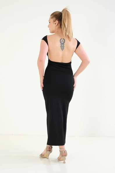 Kadın Sırt Dekolte Uzun Elbise Siyah - 5