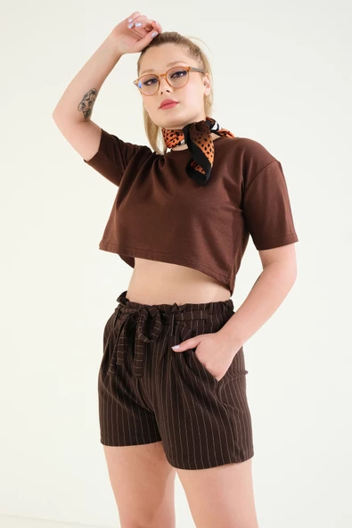 Kadın Crop T-Shirt Kahverengi - 3