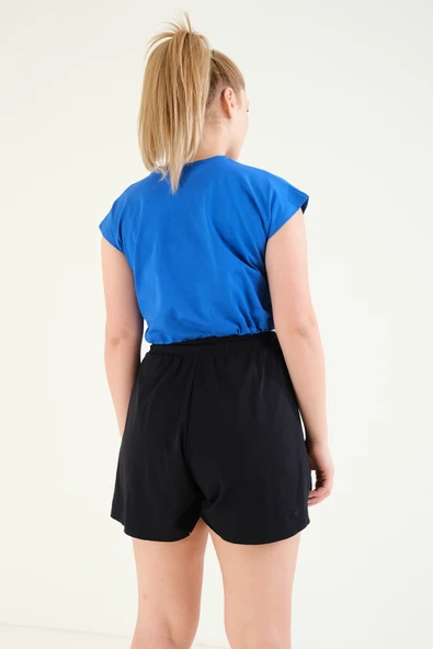 Kadın Bel Lastikli Crop T-Shirt Saks Mavi - 6