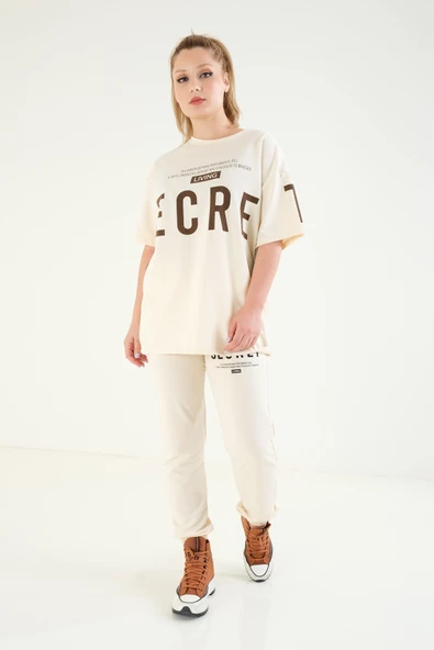 Kadın Baskılı Oversize İkili Takım Bej - 5