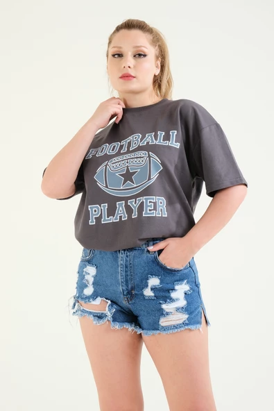 Kadın Baskılı Oversize T-Shirt Antrasit