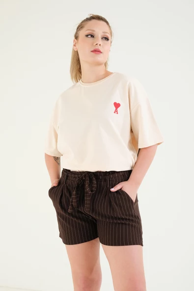 Kadın Nakışlı Oversize T-Shirt Bej - 2
