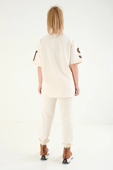 Kadın Baskılı Oversize İkili Takım Bej - 6