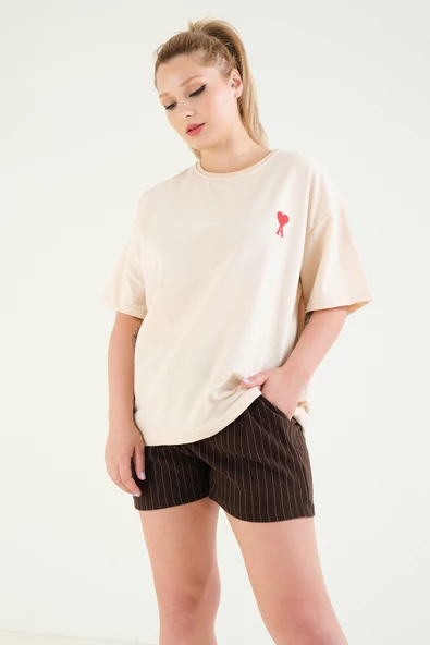 Kadın Nakışlı Oversize T-Shirt Bej - 5