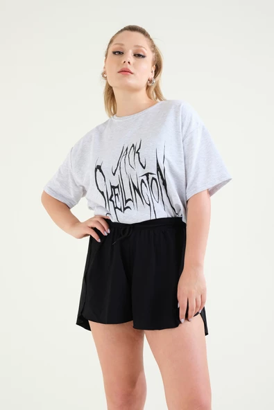 Kadın Baskılı Oversize T-Shirt Gri
