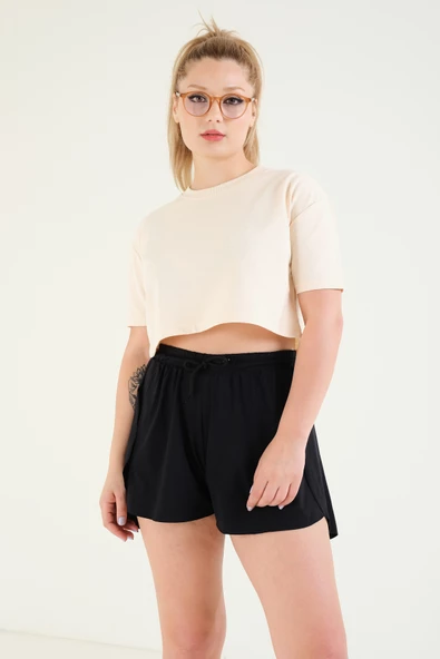 Kadın Crop T-Shirt Bej - 5