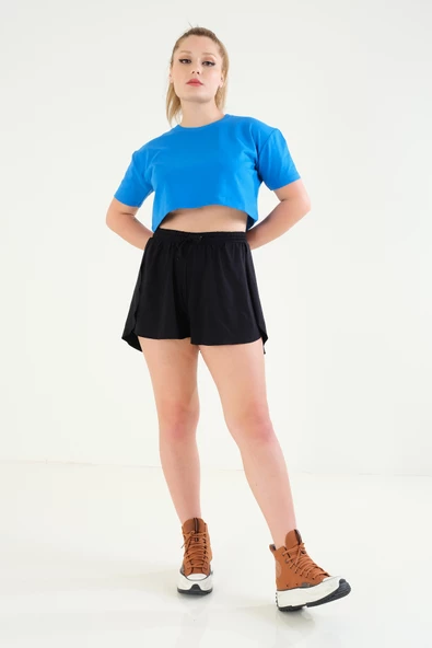 Kadın Crop T-Shirt Saks Mavi - 3