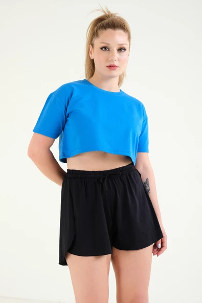 Kadın Crop T-Shirt Saks Mavi