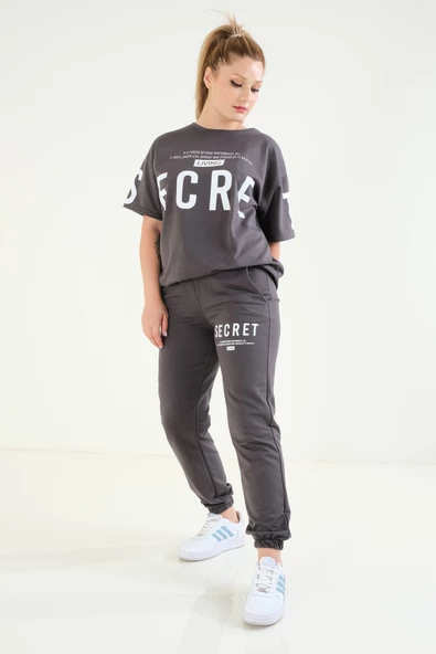 Kadın Baskılı Oversize İkili Takım Antrasit - 4