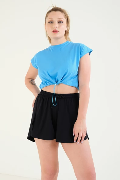 Kadın Bel Lastikli Crop T-Shirt Mavi
