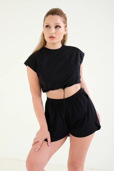 Kadın Bel Lastikli Crop T-Shirt Siyah - 4