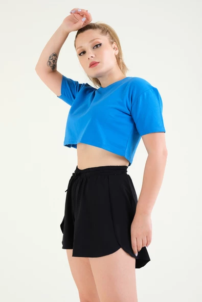 Kadın Crop T-Shirt Saks Mavi - 5