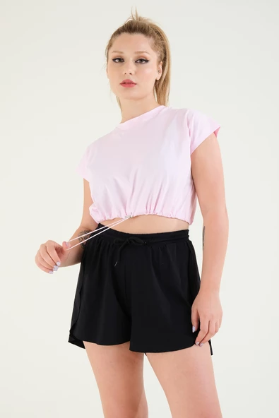 Kadın Bel Lastikli Crop T-Shirt Pembe - 2