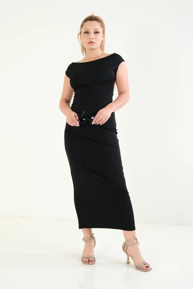 Kadın Sırt Dekolte Uzun Elbise Siyah - 2