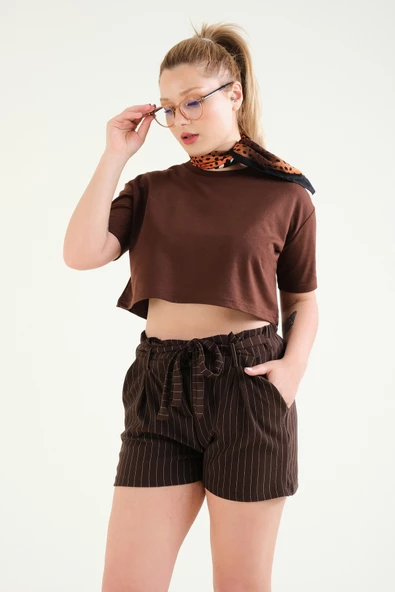 Kadın Crop T-Shirt Kahverengi - 2