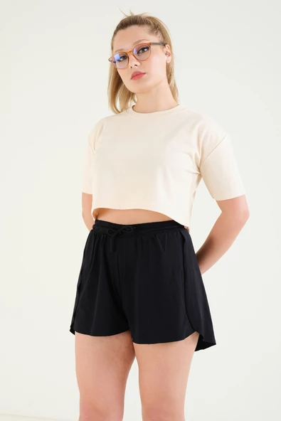 Kadın Crop T-Shirt Bej - 4