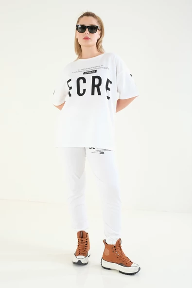 Kadın Baskılı Oversize İkili Takım Ekru - 4