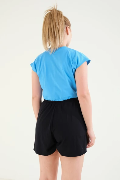 Kadın Bel Lastikli Crop T-Shirt Mavi - 6