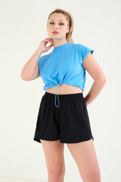 Kadın Bel Lastikli Crop T-Shirt Mavi - 2
