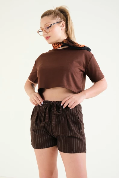 Kadın Crop T-Shirt Kahverengi - 4