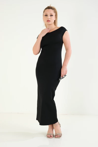 Kadın Sırt Dekolte Uzun Elbise Siyah - 3