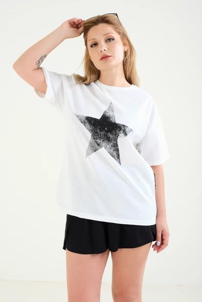Kadın Baskılı Oversize T-Shirt Ekru - 3